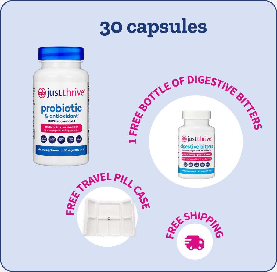 30-day supply: 30 capsules, 1 free bottle of Digestive Bitters, free travel pill case, free shipping