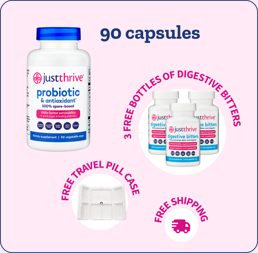 90-day supply: 90 capsules, 3 free bottles of Digestive Bitters, free travel pill case, free shipping