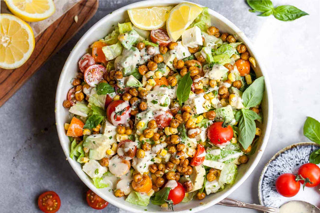 Honey-Roasted Chickpea Chopped Salad with Creamy Probiotic Herb Dressing