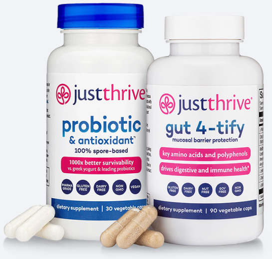 Bottles of Just Thrive Probiotic and Just Thrive Gut 4-tify side by side with their capsules