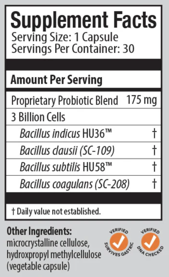 Just Thrive Probiotic supplement facts panel