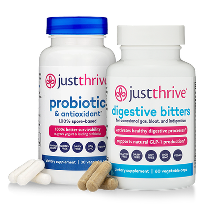 Just Thrive Probiotic and Digestive Bitters bottles
