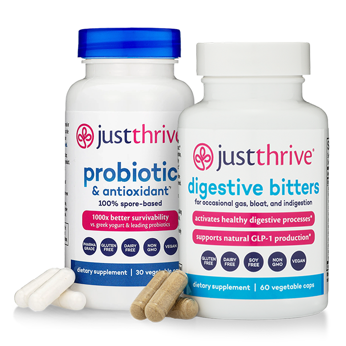 Just Thrive Probiotic and Just Thrive Digestive Bitters with capsules