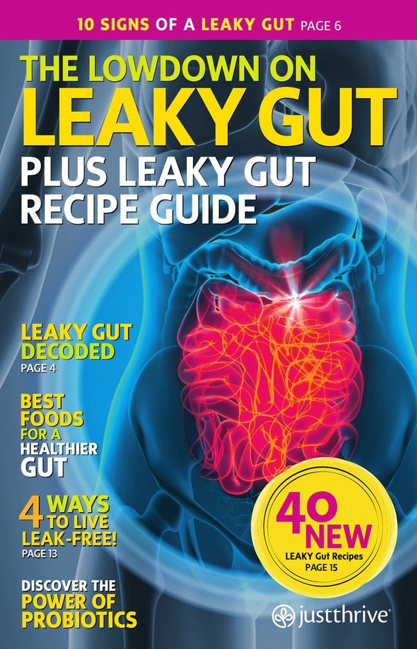 The Lowdown on Leaky Gut guide cover, with a bonus leaky gut recipe guide and 40 new recipes