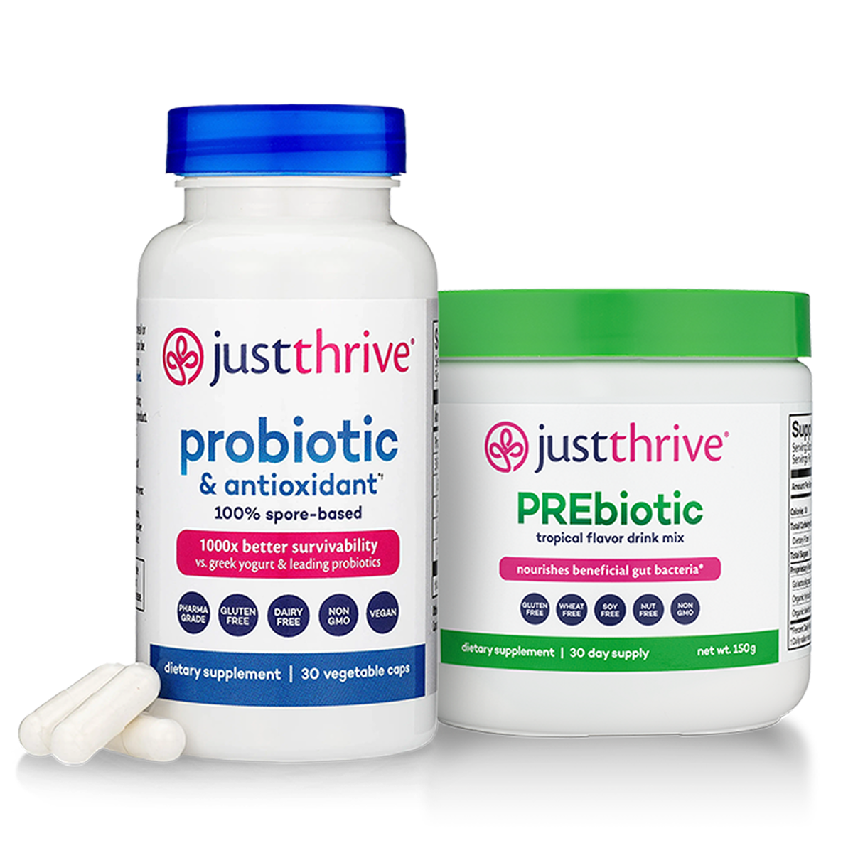 Just Thrive Probiotic bottle beside Just Thrive PREbiotic drink mix